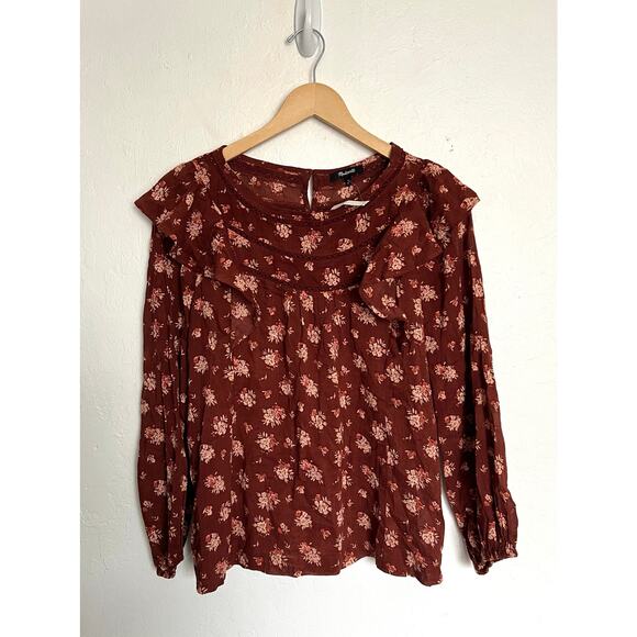 NWT Madewell Blouse Womens Medium Floral Ruffle Puff Sleeves Rust Prairie Boho - Picture 2 of 7